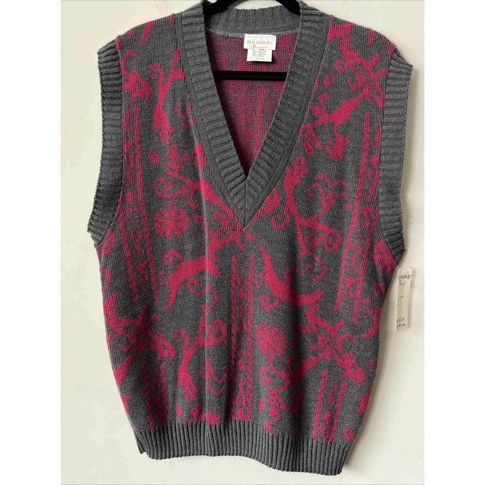 VTG Grandpa Sweater Vest Deep V-neck Pink and Gray Size M Acrylic 90s Grandma